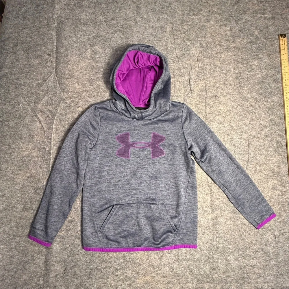 Under Armour Hoodie Girls Youth‎ Medium Gray Purple ColdGear Athletic Pullover